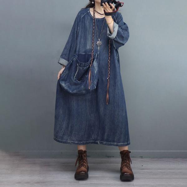 High Pockets Stone Wash Dress Long Sleeves Denim Dress