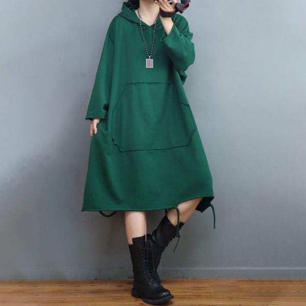 90s Fashion Midi Hooded Dress Ripped Cotton Dress