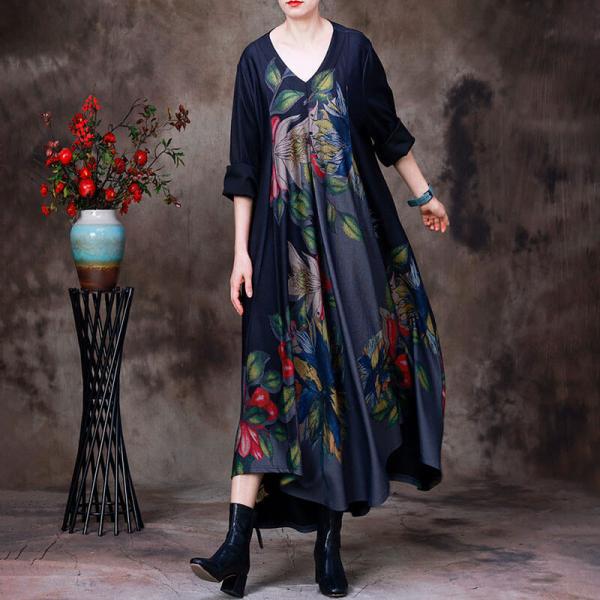 Colorful Flowers Black and Gray Dress V-Neck Loose Elegant Dress