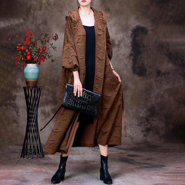 Bubble Sleeves Hooded Coat Plus Size Wool Tied Coat