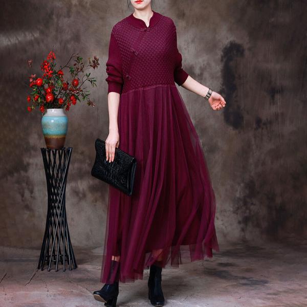 High-Waist Chinese Style Qipao Dress Sweater Mesh Dress