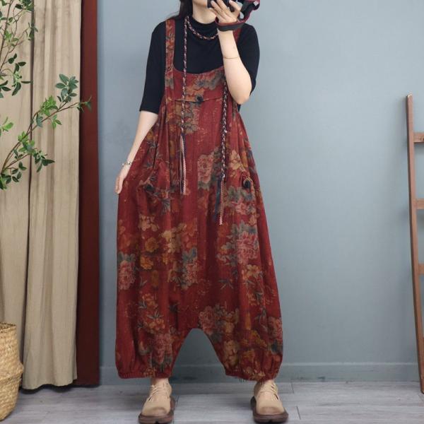 Fluffy Cotton Linen Harem Overalls Printed Plus Size Overalls