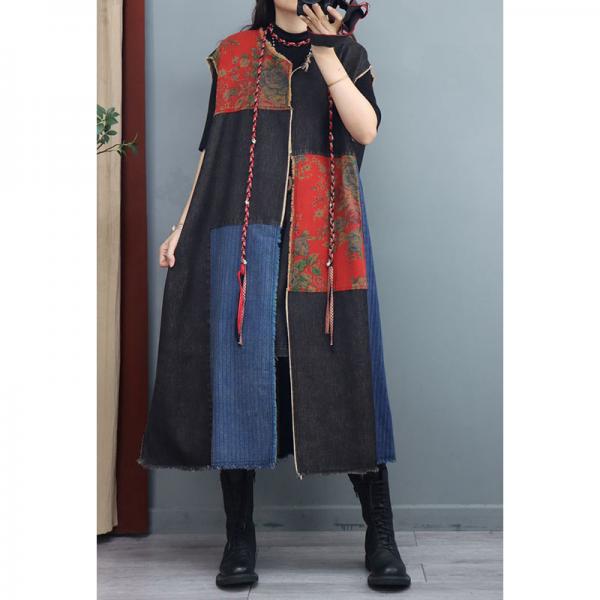 Linen Printed Patchwork Long Vest Midi Denim Vest Coat