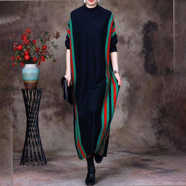 Color Contrasted Striped Dress Basic Mock Neck Dress