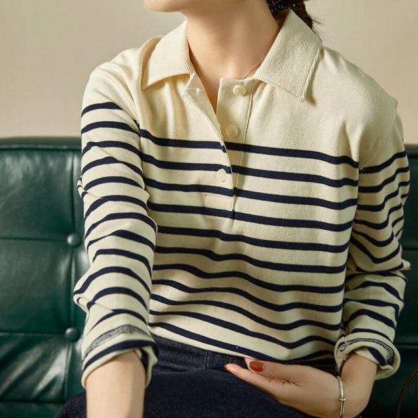 Casual Style Polo Shirt Cotton Striped Knit T-shirt for Women