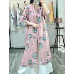 Colorful Flowers Light Pink Tunic Dress Ramie Midi Shirt Dress