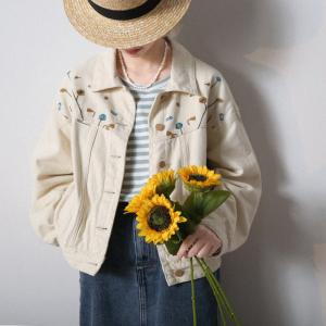 Street Chic Floral Embroidery Jacket Apricot Denim Jacket