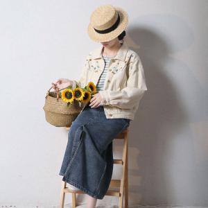 Street Chic Floral Embroidery Jacket Apricot Denim Jacket