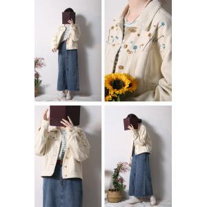 Street Chic Floral Embroidery Jacket Apricot Denim Jacket