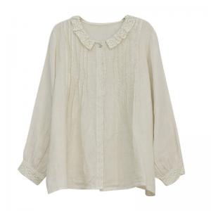 Lace Hem Oversized Peasant Blouse Apricot Linen Shirt