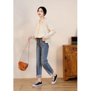 Lace Hem Oversized Peasant Blouse Apricot Linen Shirt