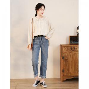 Lace Hem Oversized Peasant Blouse Apricot Linen Shirt