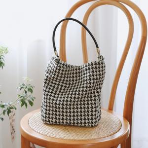 Cotton Linen Houndstooth Bucket Bag Beige Casual Bag