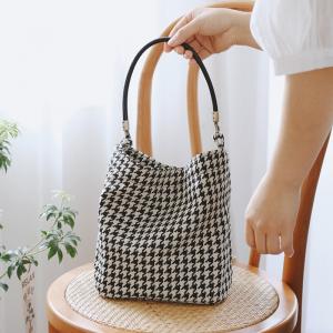 Cotton Linen Houndstooth Bucket Bag Beige Casual Bag