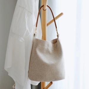 Cotton Linen Houndstooth Bucket Bag Beige Casual Bag