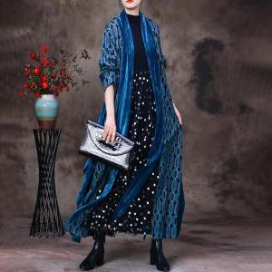 Unique Design Blue Printed Long Cardigan Velvet Tied Coat