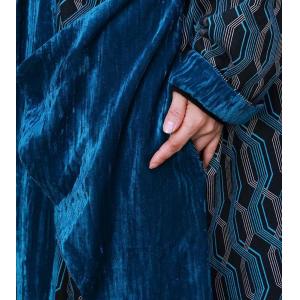 Unique Design Blue Printed Long Cardigan Velvet Tied Coat