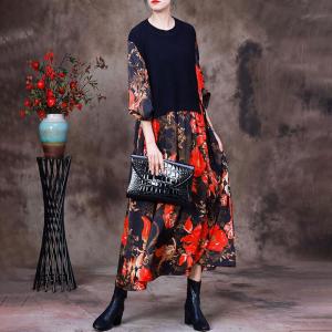 Autumn Fashion Silk Midi Dress Printed Knit Dress