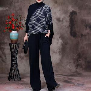 High Collar Gingham Sweater with Long Straight Legs Knit Pants