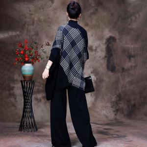 High Collar Gingham Sweater with Long Straight Legs Knit Pants