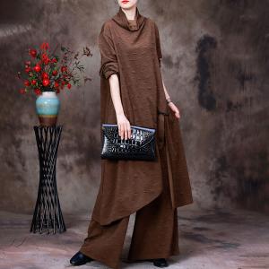 Asymmetrical Turtleneck Knit Dress with Stereo Wide Leg Pants