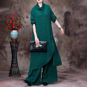 Asymmetrical Turtleneck Knit Dress with Stereo Wide Leg Pants