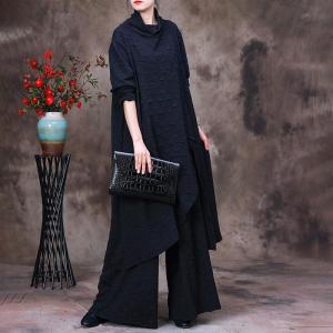 Asymmetrical Turtleneck Knit Dress with Stereo Wide Leg Pants