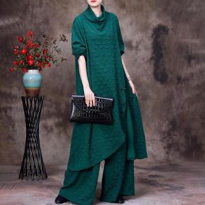 Asymmetrical Turtleneck Knit Dress with Stereo Wide Leg Pants