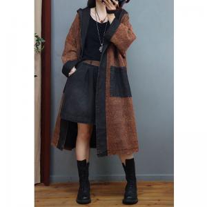 Denim Pockets Plus Size Hooded Coat Cotton Linen Winter Coat