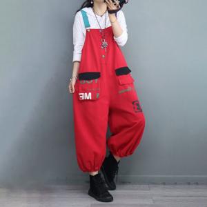 Flap Pockets Adjustable Straps Overalls Letter Printed Balloon Overalls