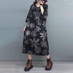 Raw Hem Printed Shift Dress Loose Crew Neck Denim Dress