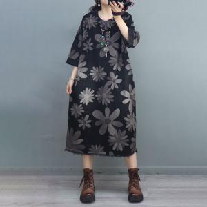 Raw Hem Printed Shift Dress Loose Crew Neck Denim Dress