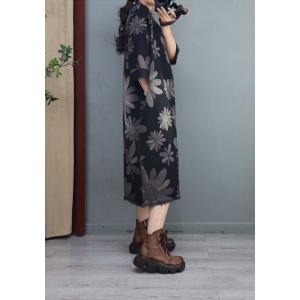 Raw Hem Printed Shift Dress Loose Crew Neck Denim Dress