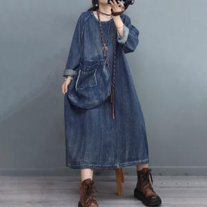 High Pockets Stone Wash Dress Long Sleeves Denim Dress