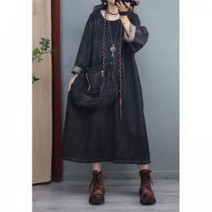 High Pockets Stone Wash Dress Long Sleeves Denim Dress