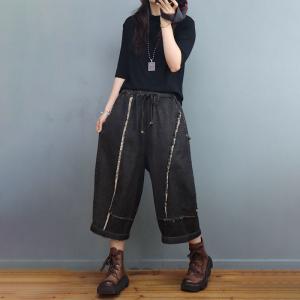 Fringed Trim Black Jeans Womens Cropped Jeans