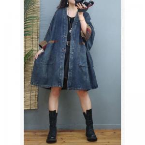 Front Pockets V-Neck Denim Coat Plus Size Knee Length Coat