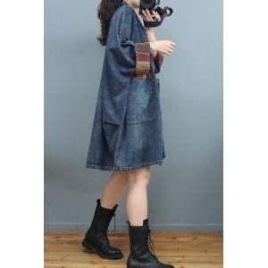 Front Pockets V-Neck Denim Coat Plus Size Knee Length Coat