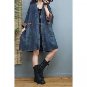 Front Pockets V-Neck Denim Coat Plus Size Knee Length Coat