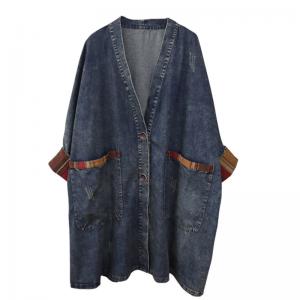 Front Pockets V-Neck Denim Coat Plus Size Knee Length Coat