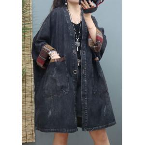 Front Pockets V-Neck Denim Coat Plus Size Knee Length Coat