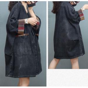 Front Pockets V-Neck Denim Coat Plus Size Knee Length Coat