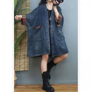 Front Pockets V-Neck Denim Coat Plus Size Knee Length Coat