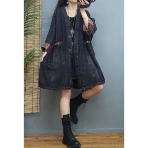 Front Pockets V-Neck Denim Coat Plus Size Knee Length Coat