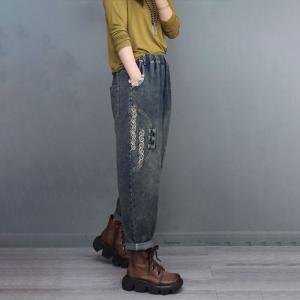 Chinese Buttons Stone Wash Jeans Ladies Embroidery Jeans