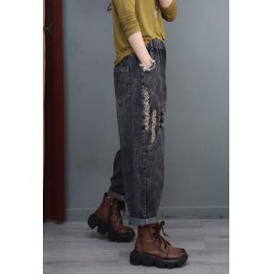 Chinese Buttons Stone Wash Jeans Ladies Embroidery Jeans