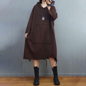 90s Fashion Midi Hooded Dress Ripped Cotton Dress