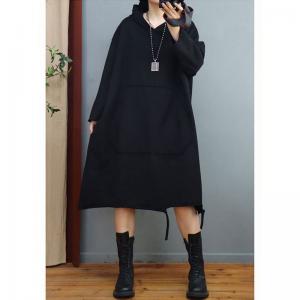 90s Fashion Midi Hooded Dress Ripped Cotton Dress