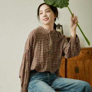 Classic Plaids Oversized Shirt Organic Linen Long Sleeves Blouse