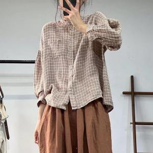 Classic Plaids Oversized Shirt Organic Linen Long Sleeves Blouse